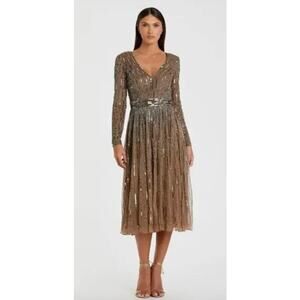 MAC DUGGAL Dress Size 2 NEW Long Sleeve Tea Length Dress Copper Brown